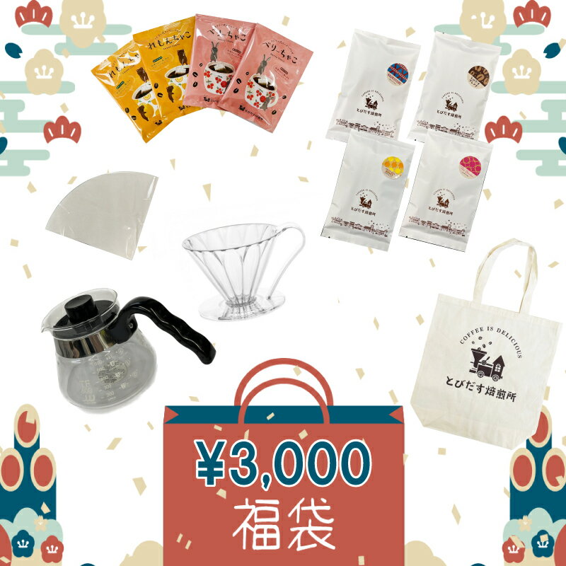 【コーヒー福袋3000円】2024 新春 大入り福袋 送料無料 happy bag lucky bag 福袋 入門セット コーヒー豆100gx4 ドリッパー サーバー フィルター ドリップバッグ お得 珈琲 珈琲豆 美味しい おうちカフェのサムネイル