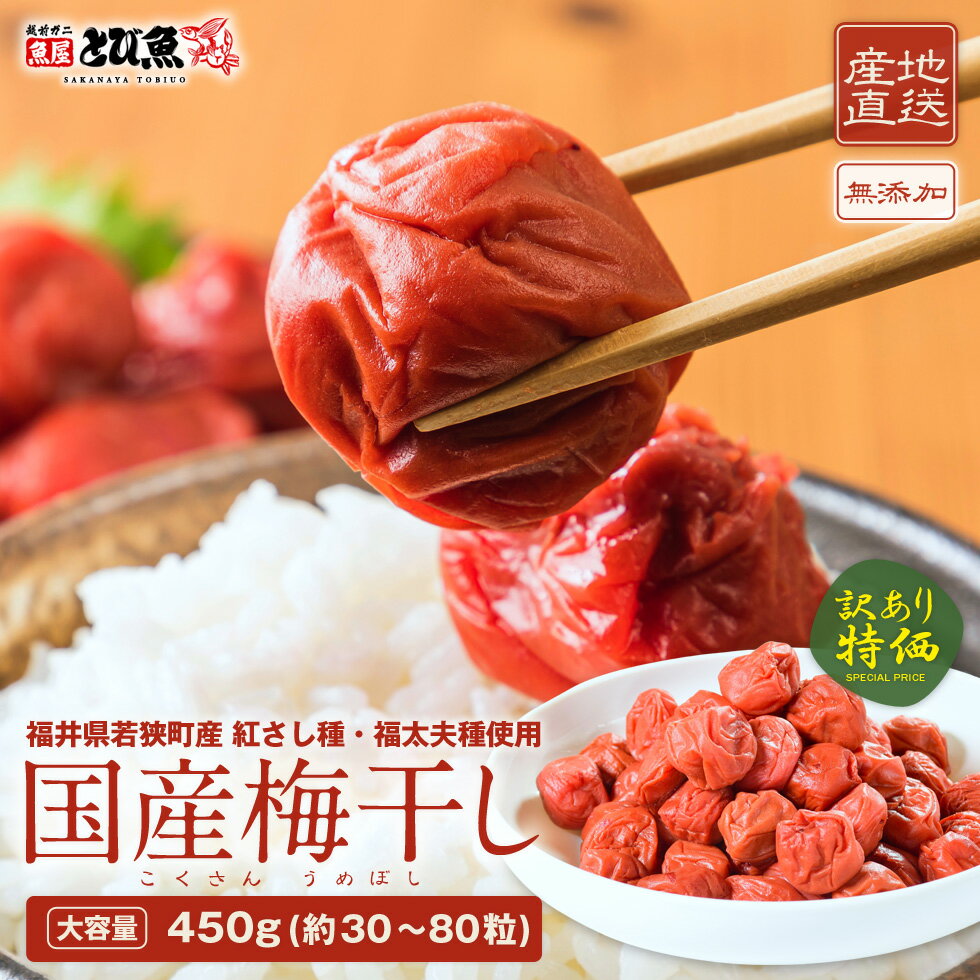 【5月31日10時から20セット緊急再入荷】無添加 国産 訳あり 梅干し 450g 約30～80粒 塩分18～20％ 産地直送 福井県若狭町産 紅映梅 福太夫梅 紅さし種・福太夫種 名産品 【保存料・着色料無し…