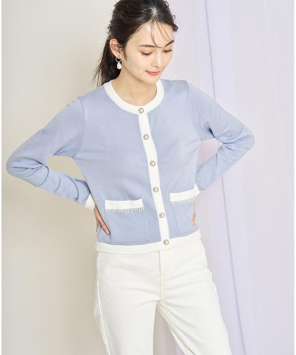 配色ライン入りポケットパールビジュー装飾パール釦カーディガン【marono　マローモ】tocco closet(トッコクローゼット) ブルー レディース ピンク オフホワイト 大人の遊び心を効かせた配色デザインのサムネイル