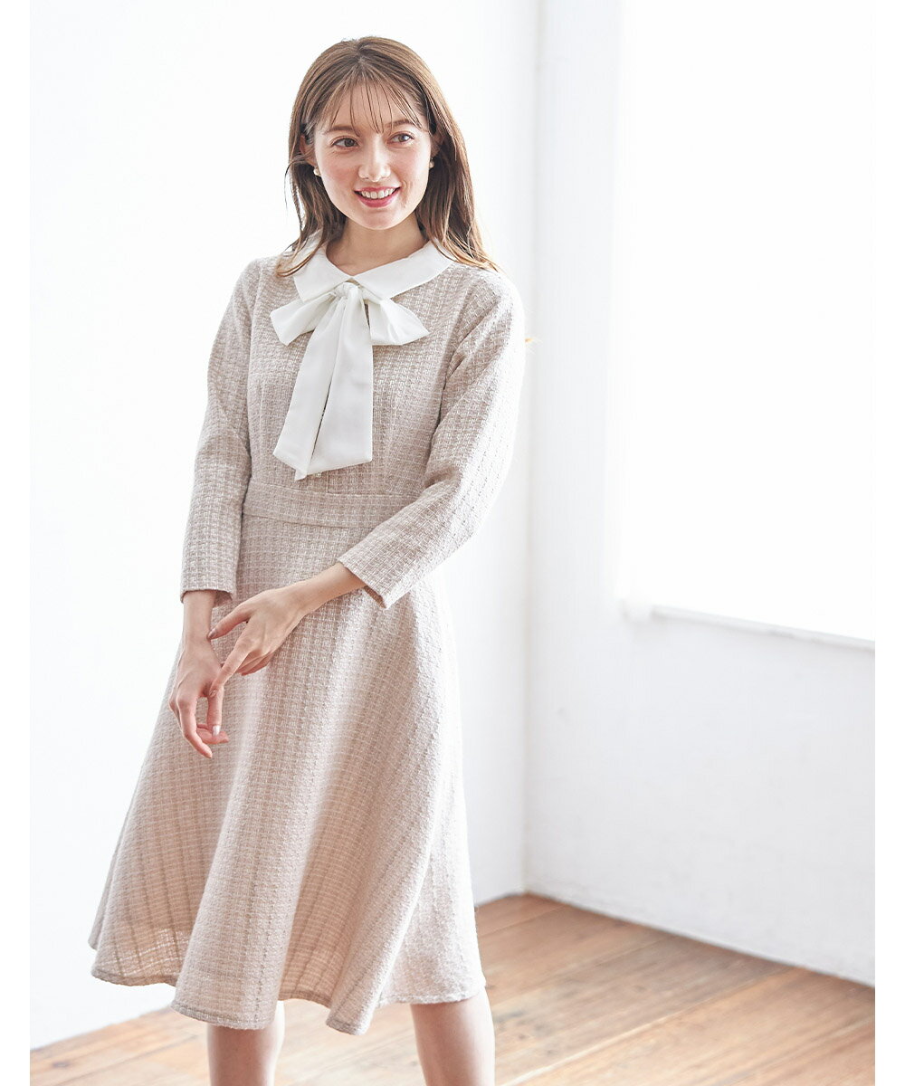【再入荷】りぼん付き2WAYパールフラワー飾り釦ツイードワンピース【firtesy　ファテシー】tocco closet(トッコクローゼット)　ベージュ ブルーのサムネイル