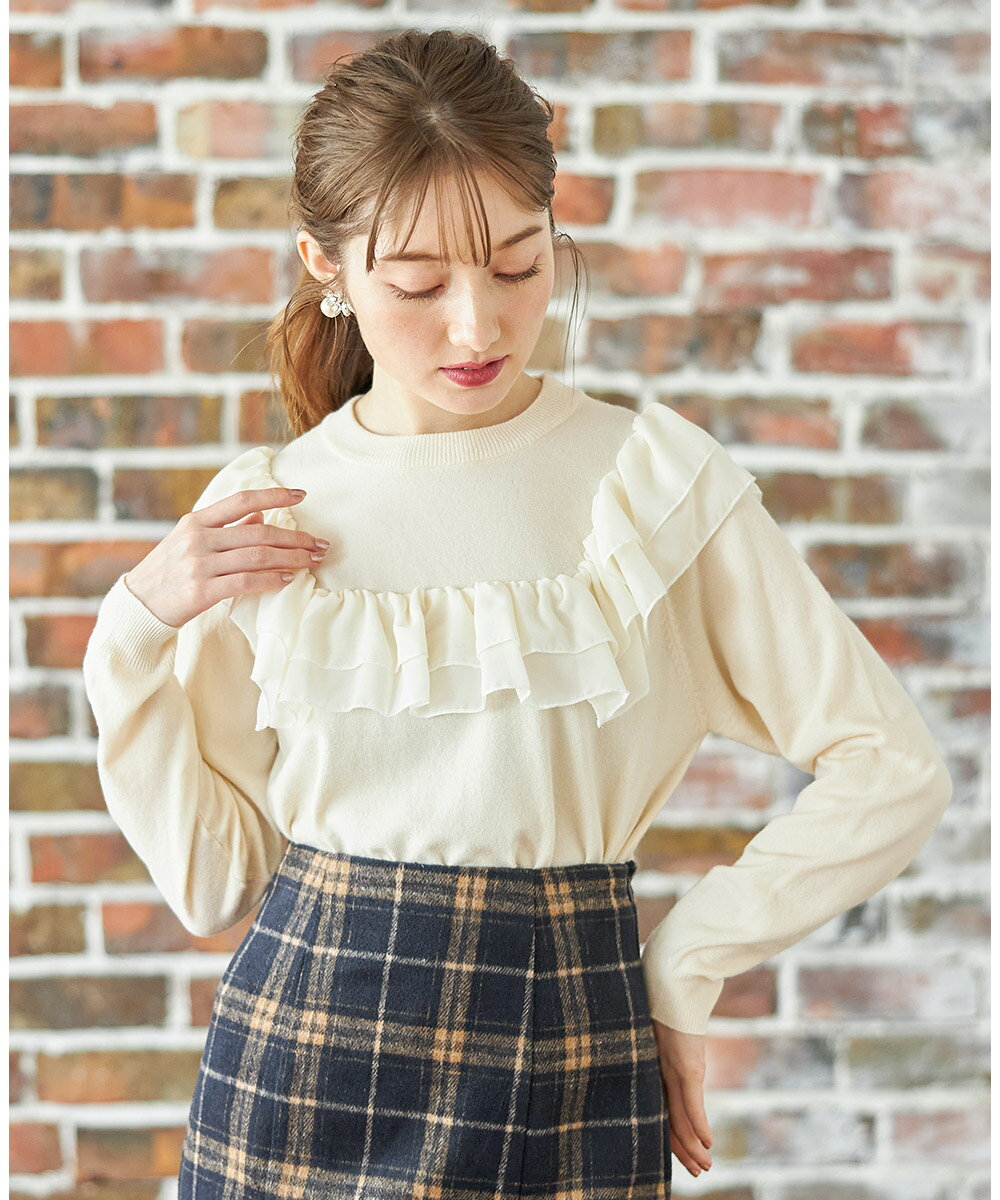 可愛らしさをあざとくアピール♪シフォンフリル付きニットプルオーバー【sorfes　ソーフェス】tocco closet(トッコクローゼット)　 オフホワイト グレイッシュピンク ブラックのサムネイル