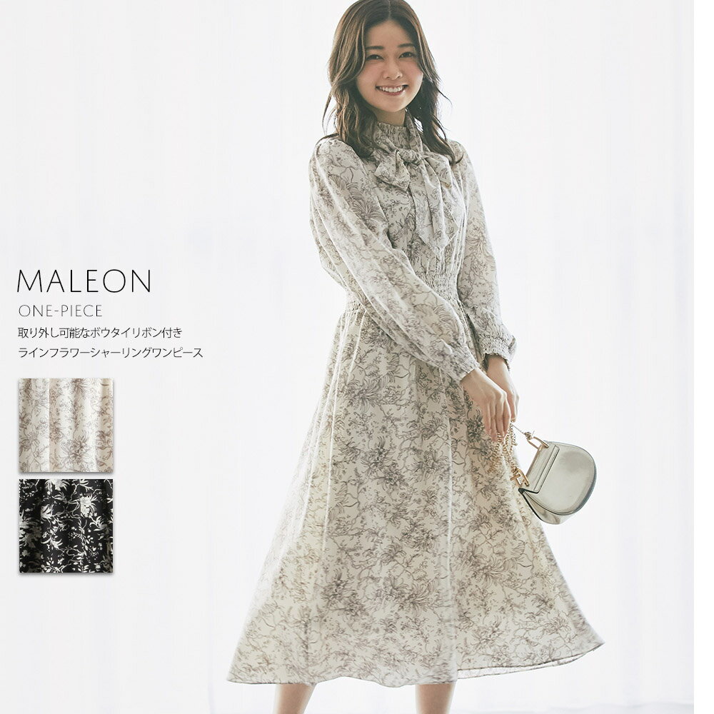 取り外し可能なボウタイリボン付きラインフラワーシャーリングワンピース【maleon　マレオン】tocco closet(トッコクローゼット)　※長岡真由さんはアイボリー着用 ブラックのサムネイル