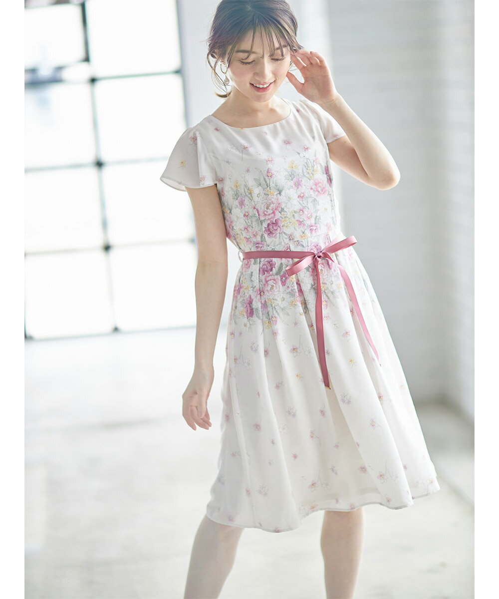 ウエストりぼん付きフラワープリントワンピース【limonie　リモニート】tocco closet(トッコクローゼット)レディース ピンク ラベンダー ひらひらと舞うフレアなお袖が愛らしいポイントのサムネイル