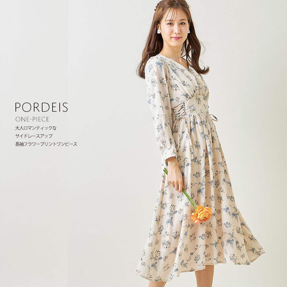 大人ロマンティックなサイドレースアップ長袖フラワープリントワンピース【pordeis　ポーディス】tocco closet(トッコクローゼット)レディース 花柄 小花 ミモレ丈 可愛い 上品 秋 春 ウエストゴム Vネック 裏地有りのサムネイル