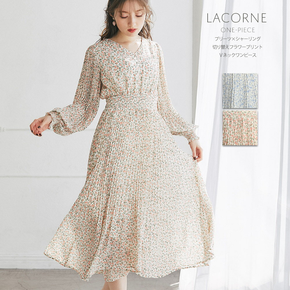プリーツ×シャーリング切り替えフラワープリントVネックワンピース【lacorne　ラコーネ】tocco closet(トッコクローゼット) ※サックス レディース ピンクのサムネイル