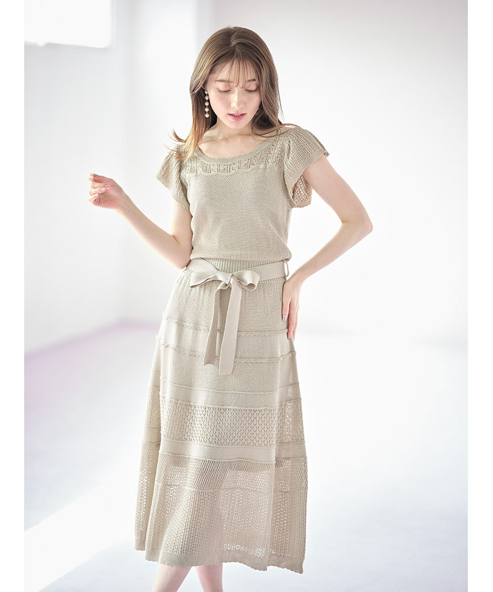 ペチコート＆ウエストりぼん付きスカラップカット透かし編みニットワンピース【mecute　メキュート】tocco closet(トッコクローゼット)レディース グレイッシュミント レッド ベージュのサムネイル