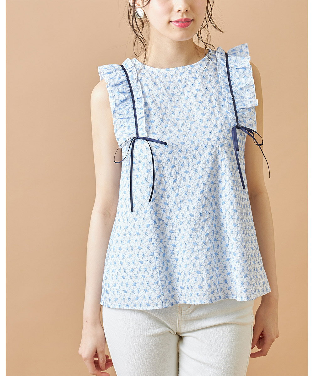 りぼん＆フリル付きフラワー刺繍ノースリーブコットントップス【velchie　ヴェルシー】tocco closet(トッコクローゼット)レディース ブルー ミント