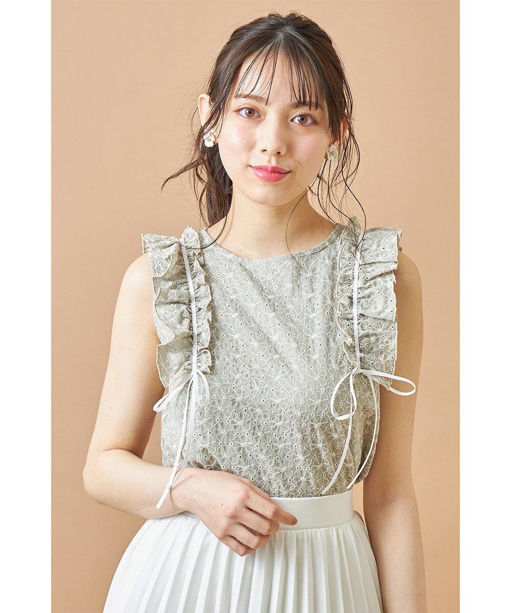 りぼん＆フリル付きフラワー刺繍ノースリーブコットントップス【velchie　ヴェルシー】tocco closet(トッコクローゼット)レディース ブルー ミント