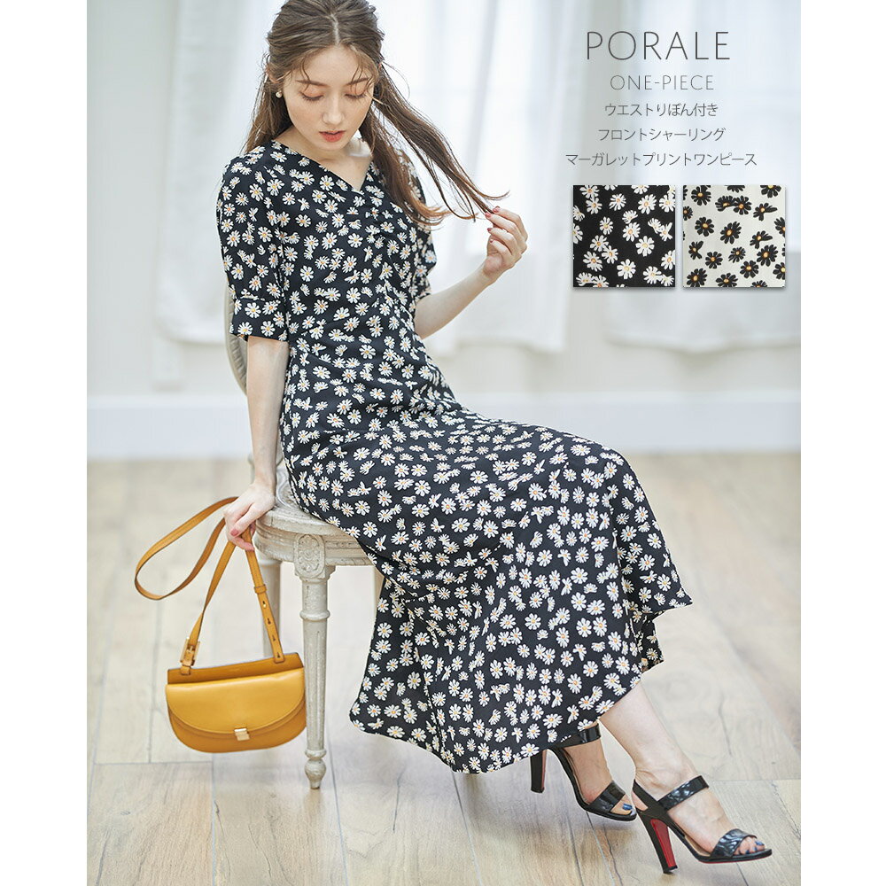 【ブラック再入荷】ウエストりぼん付きフロントシャーリングマーガレットプリントワンピース【porale　ポラール】tocco closet(トッコクローゼット)　ブラック アイボリーのサムネイル