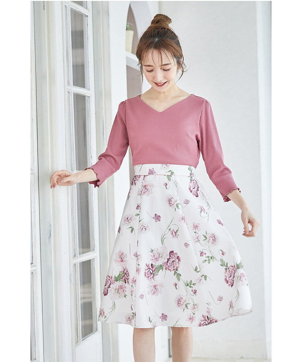 袖口メローフリルリブカットソー×フラワープリントドッキングワンピース【lepsta　レプスタ】tocco closet(トッコクローゼット)　ピンク ネイビーのサムネイル