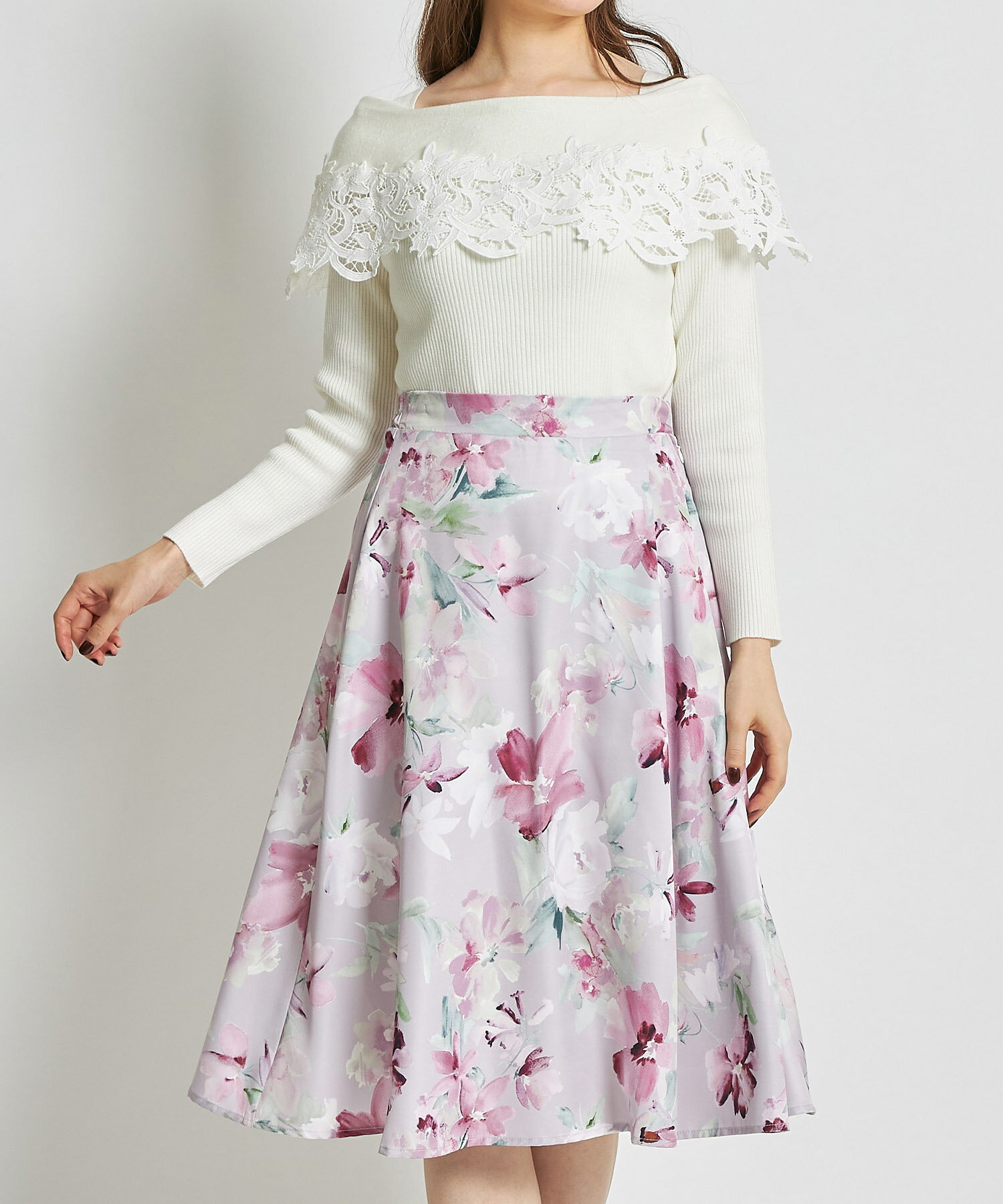 ラップ風切り替えデザイン水彩フラワープリントフレアスカート【sharies　シェリース】tocco closet(トッコクローゼット)　ピンク ラベンダーのサムネイル