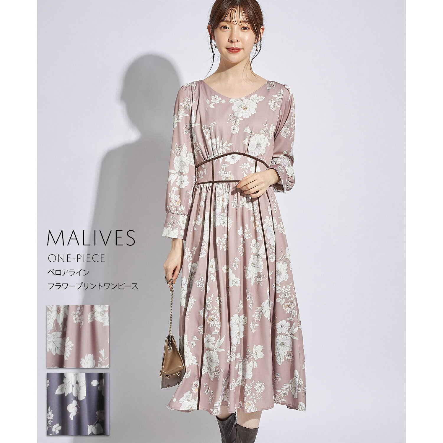 ベロアラインフラワープリントワンピース【malives　マルヴィス】tocco closet(トッコクローゼット)　グレイッシュピンク グレイッシュブルーのサムネイル