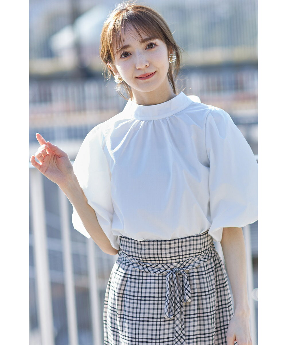 後ろりぼん付きハイネックバルーンスリーブブラウス【jolet　ジョレット】tocco closet(トッコクローゼット)　※ホワイト ネイビーのサムネイル