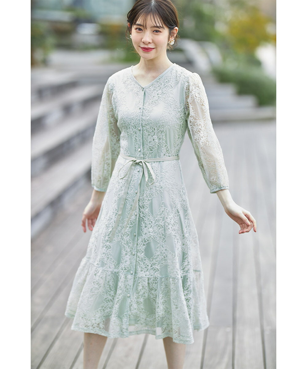 爽やかなロマンスをIN♪ウエストりぼん付きくるみ釦Vネックレースワンピース【navile　ネヴィル】tocco closet(トッコクローゼット)のサムネイル