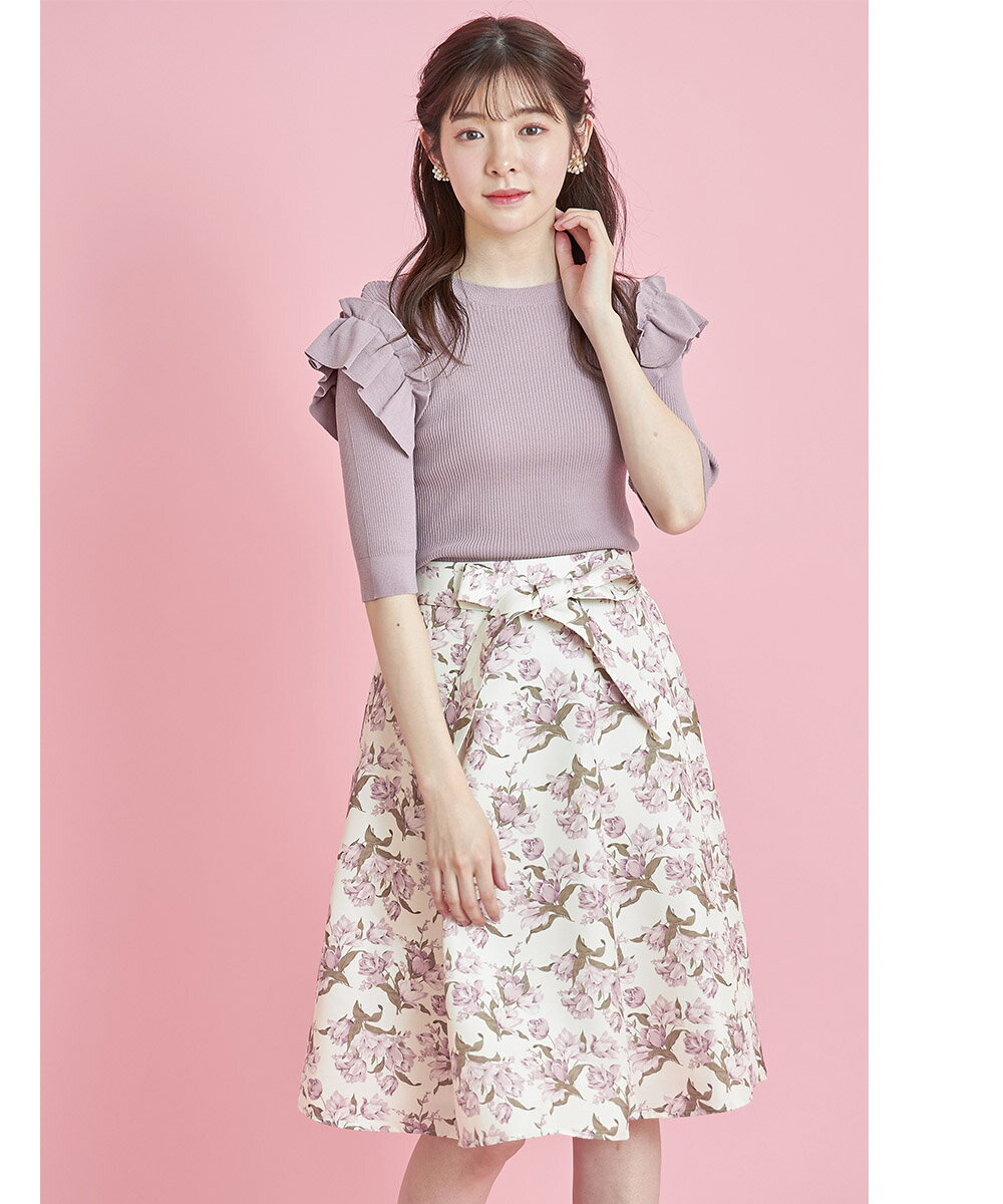 フラワープリントフレアスカート【lurmel　ルルメル】tocco closet(トッコクローゼット)　アイボリー イエロー 失敗なしで華やかに映えるウエストりぼん付きフラワープリントフレアスカートアイボリーのサムネイル