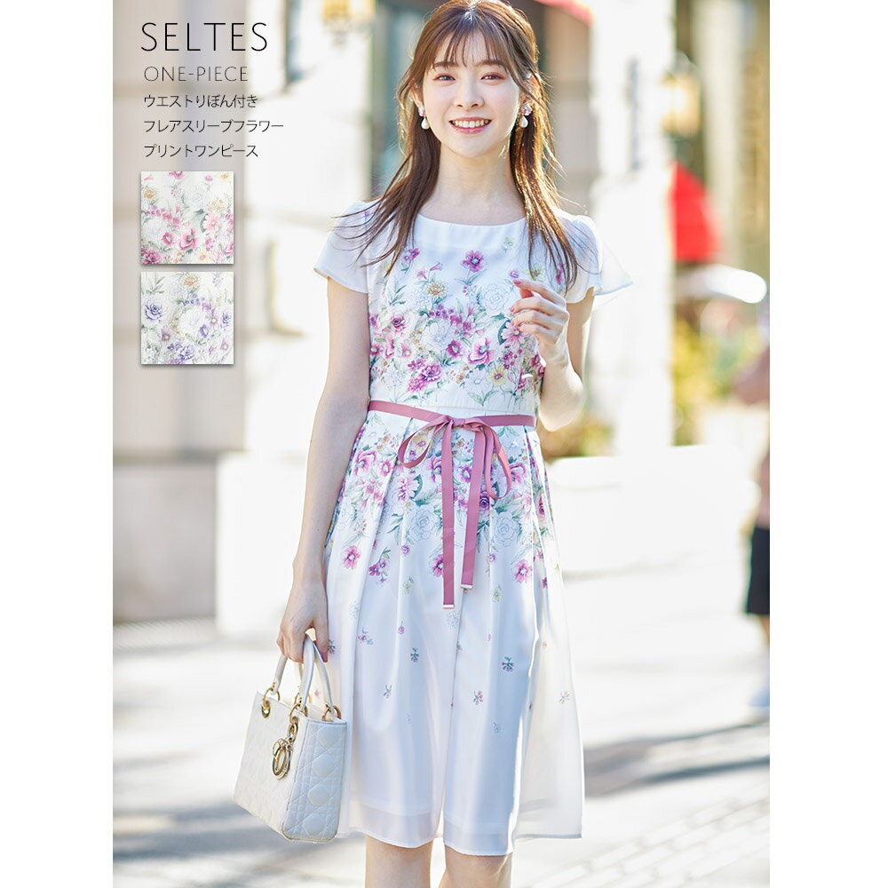 ウエストりぼん付きフレアスリーブフラワープリントワンピース【seltes　セルテス】tocco closet(トッコクローゼット)　ピンク ブルーのサムネイル