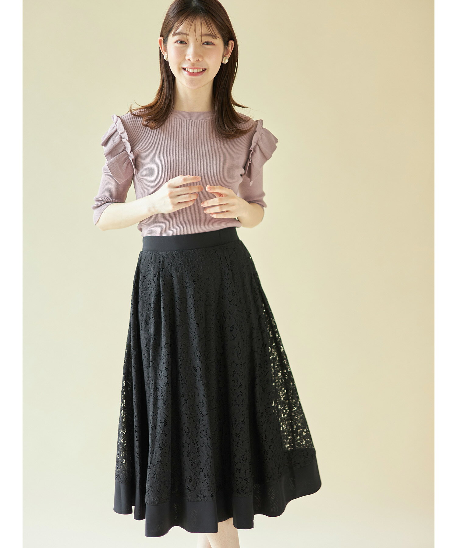 ONもOFFも活躍するレディの鉄板♪切り替えフラワーレースフレアスカート【remard　リマード】tocco closet(トッコクローゼット)　ネイビー アイスブルー ブラック ネイビー　ホワイト　グレイッシュピンクのサムネイル