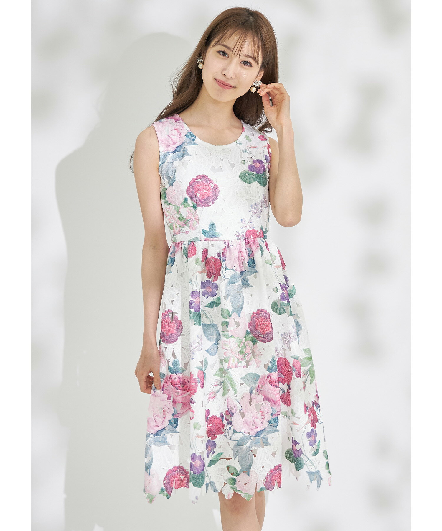 フラワープリント×レースノースリーブワンピース【cafolis　カフォリス】tocco closet(トッコクローゼット)　ピンク ブルーのサムネイル