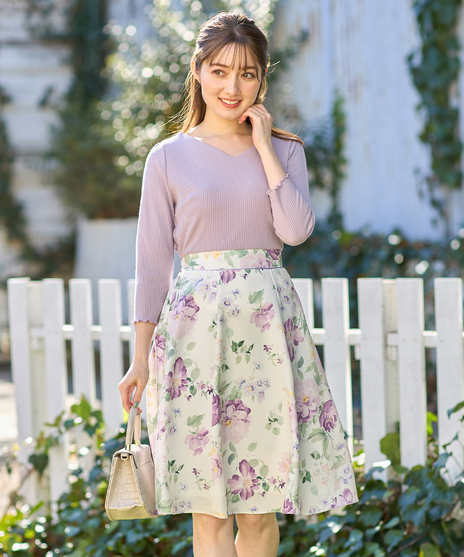 リブカットソー×フラワープリントドッキングワンピース【melsia メルシア】tocco closet(トッコクローゼット)　ラベンダー ピンクのサムネイル
