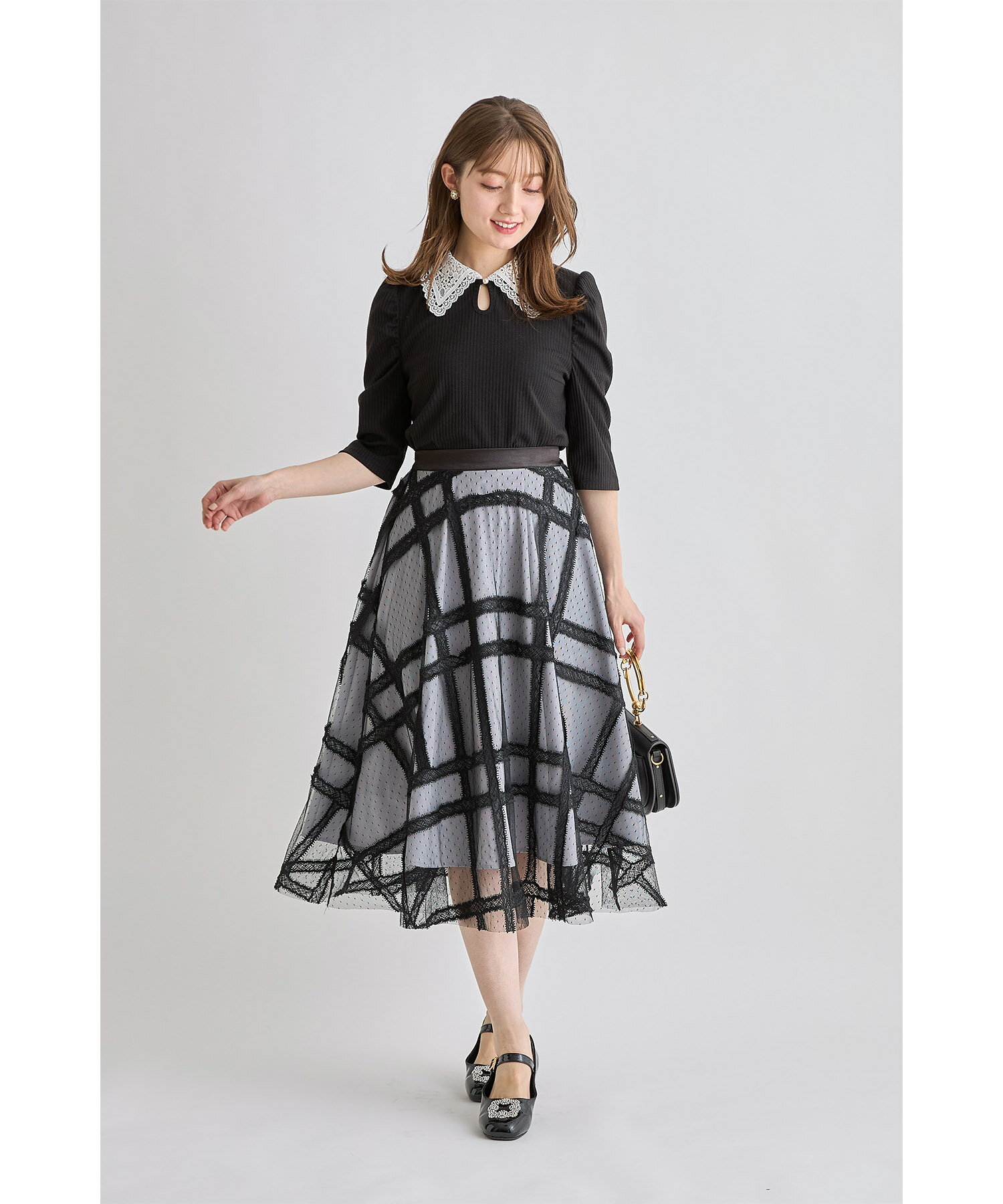 ドットチュール×ラインレースフレアスカート【shanry シャンリー】tocco closet(トッコクローゼット)　 アイスグレー アイボリーのサムネイル