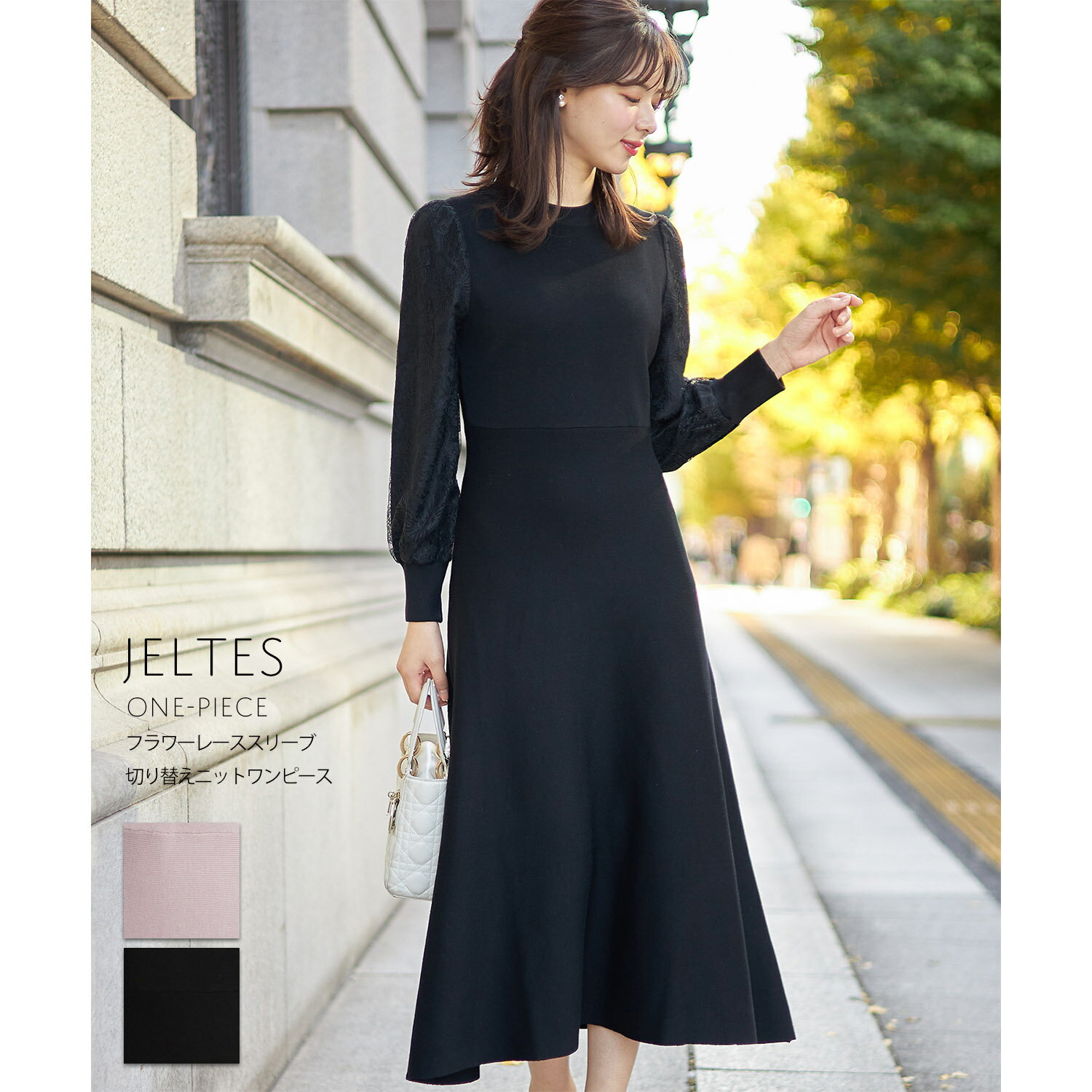 フラワーレーススリーブ切り替えニットワンピース【jeltes　ジェルティス】tocco closet(トッコクローゼット)　ブラック グレイッシュピンクのサムネイル