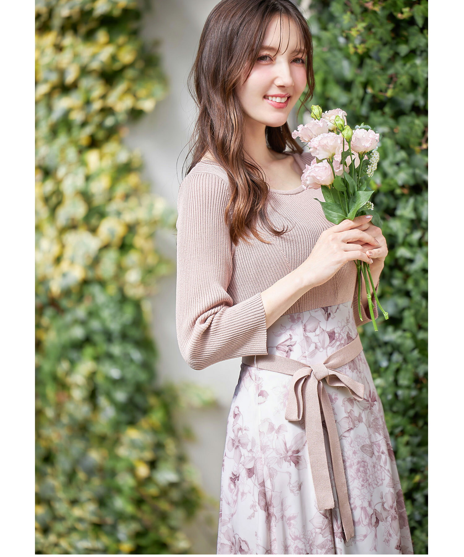 ウエストりぼん付きリブニット×フラワープリントドッキングワンピース【johmes ジョーミス】tocco closet(トッコクローゼット)　※道重さゆみさんはピンク着用　ピンク ネイビー ラベンダー 商品番号：186-182453のサムネイル