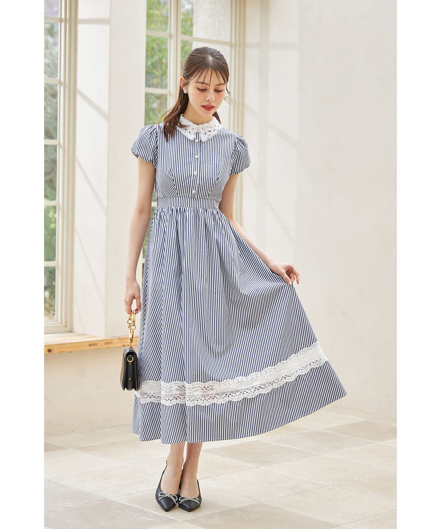 パール釦レース×ストライプシャツワンピース【fadisea ファディシア】tocco closet(トッコクローゼット)　 ネイビー サックス 商品番号：186-184268のサムネイル