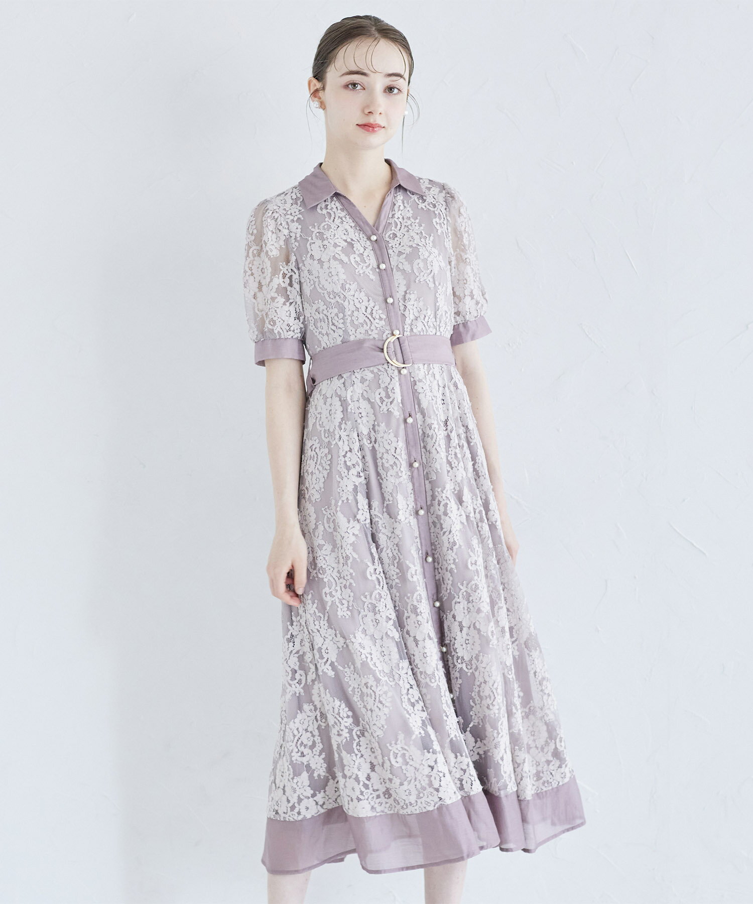 ベルト付きパール釦レース切り替えシャツワンピースtocco closet(トッコクローゼット)ラベンダーグレー ブラック 商品番号：186-187882のサムネイル