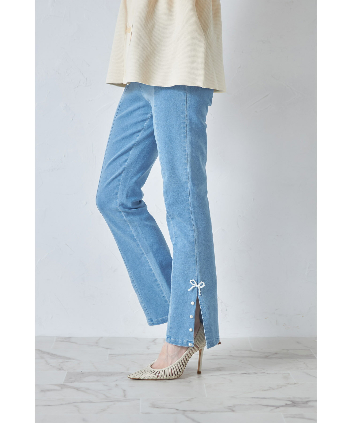 リボン＆パール付きストレッチデニムパンツ【fenser フェンサー】tocco closet(ト...