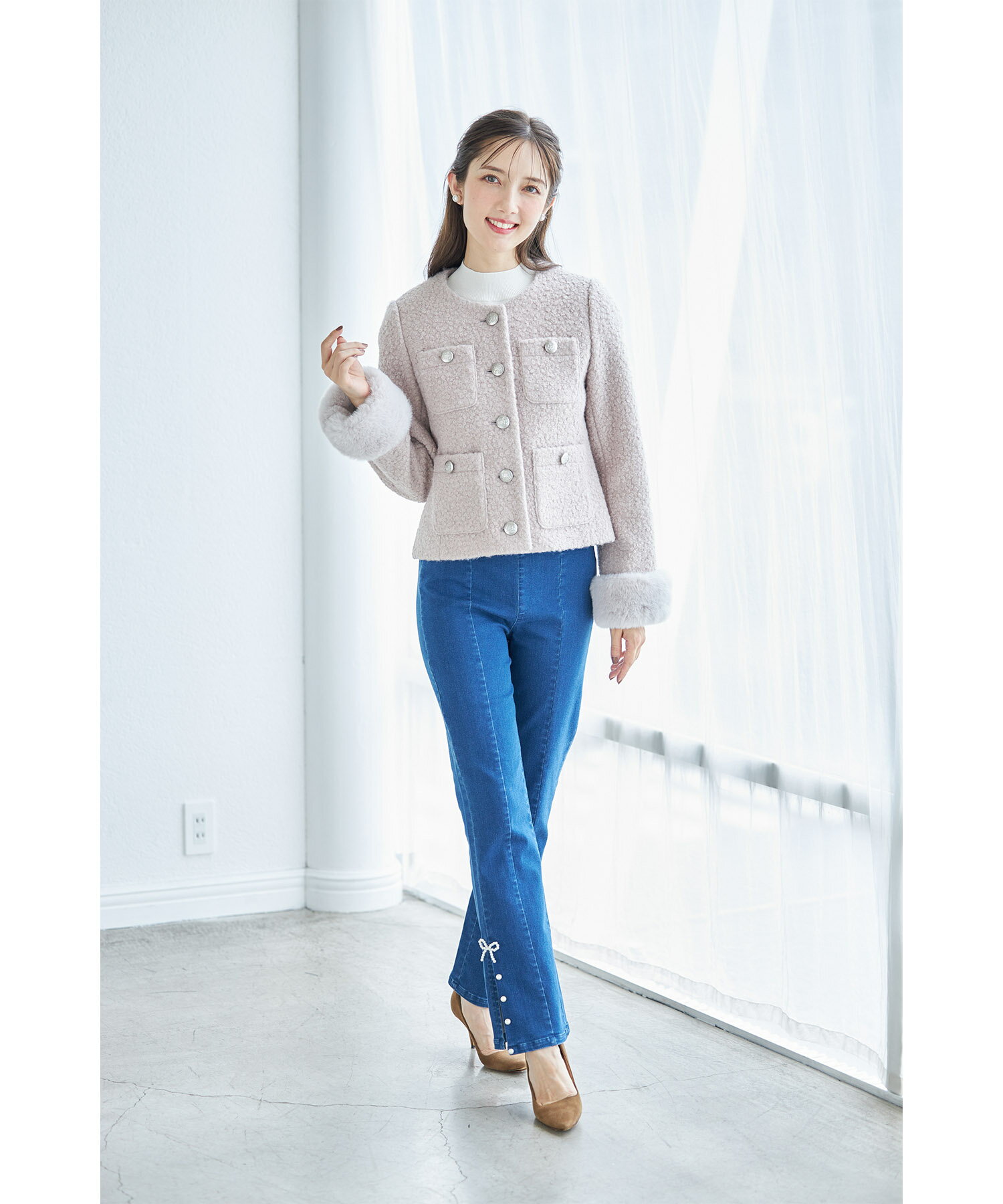 リボン＆パール付きストレッチデニムパンツ【fenser フェンサー】tocco closet(ト...