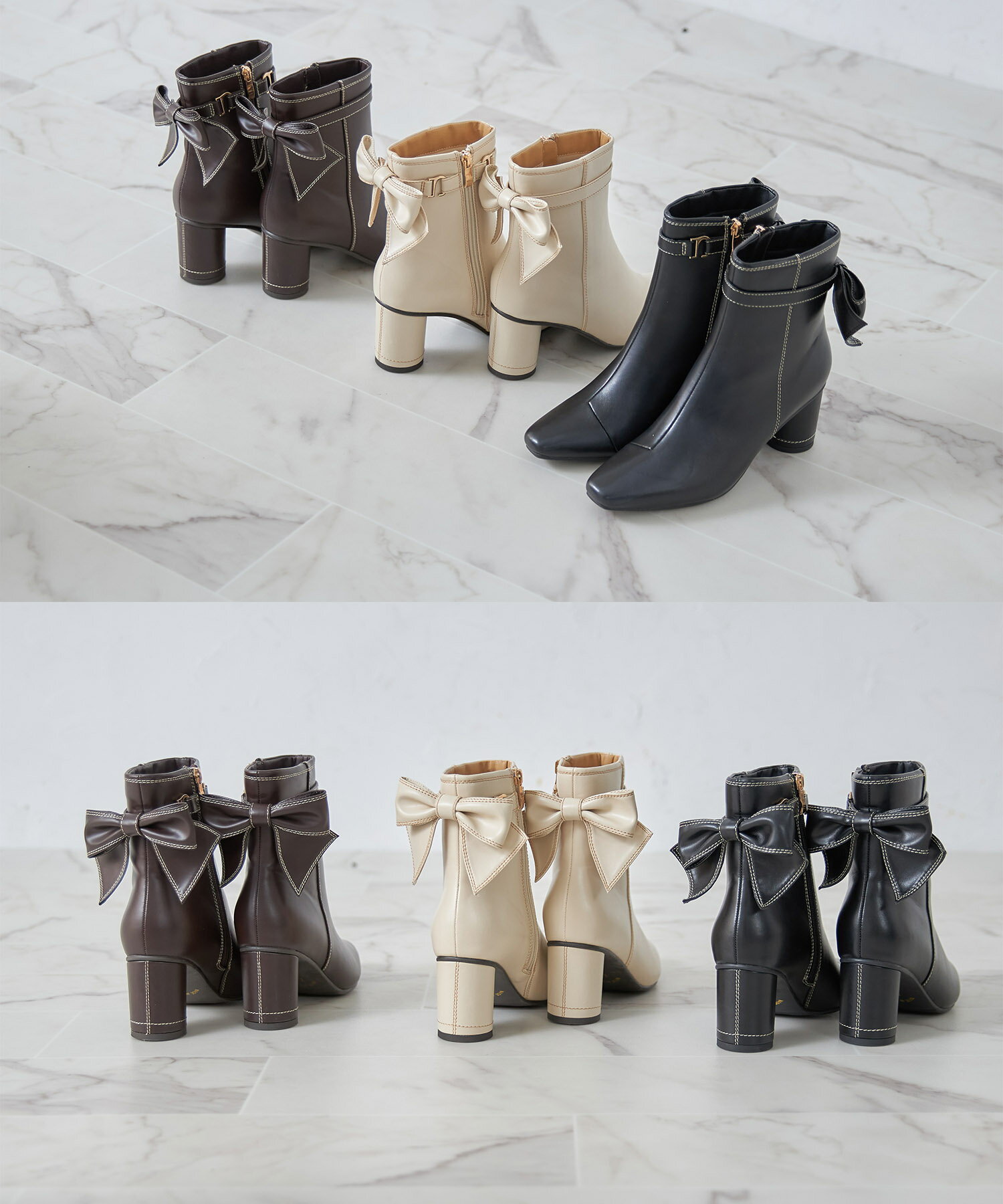 異なる表情を楽しめる2WAYリボンベルト付き配色ステッチ入りショートブーツ【radies　ラィース】tocco closet(トッコクローゼット)　 ※ピンクベージュの入荷はありません