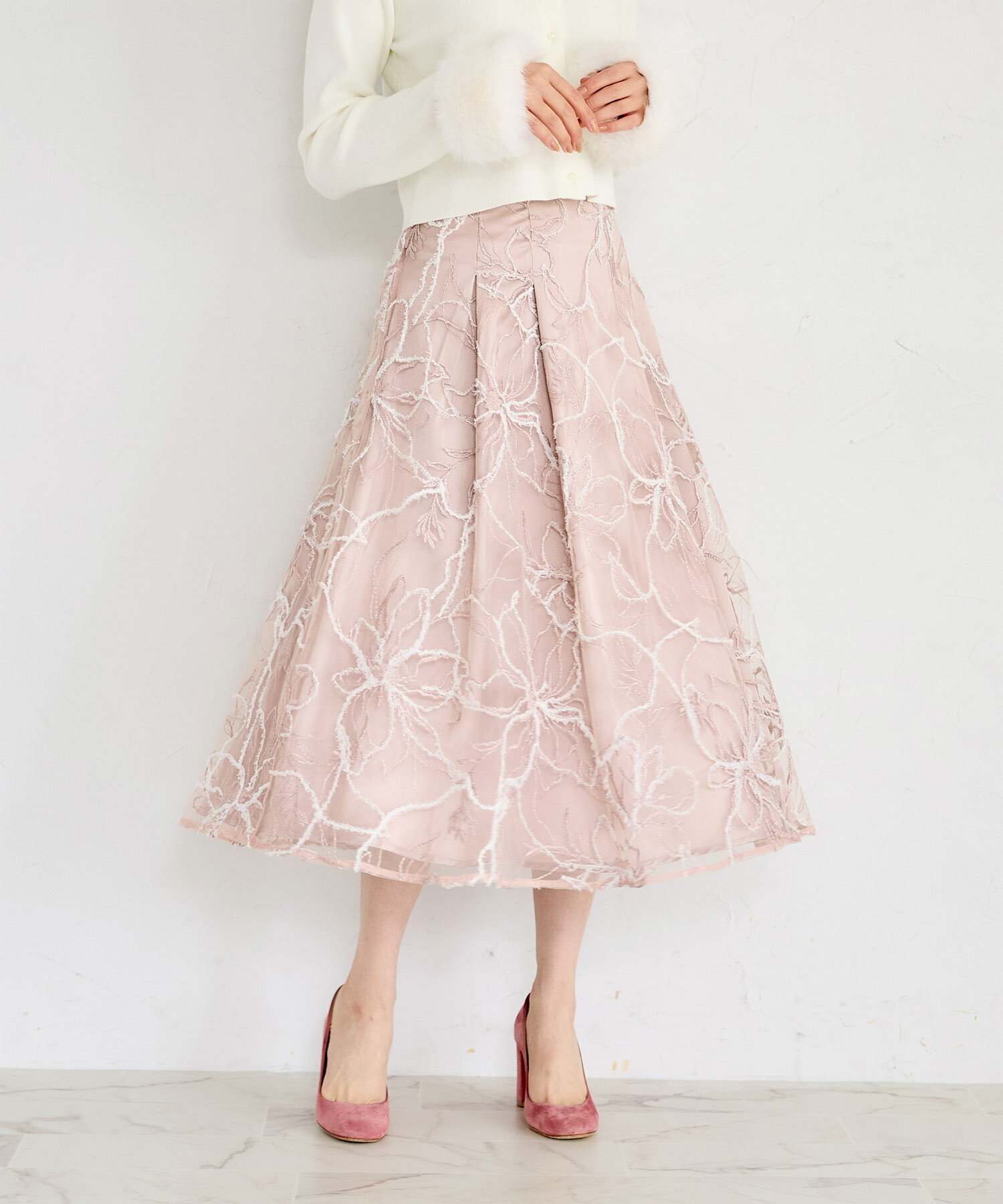 バックレースアップモールレースタックフレアスカートtocco closet(トッコクローゼット) ピンク グレー アイボリー 商品番号：186-201574
