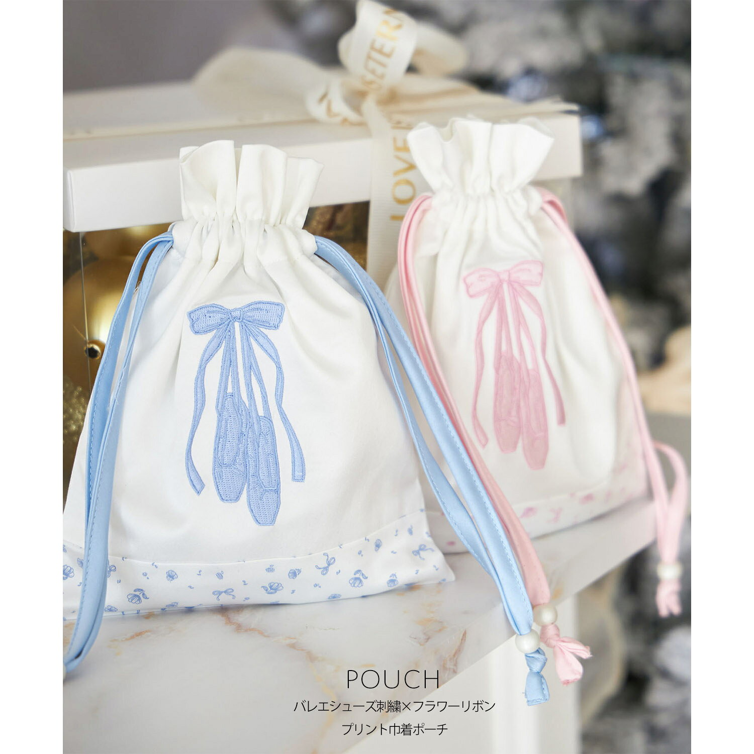 Rakuten - バレエシューズ刺繍×フラワーリボンプリント巾着ポーチtocco closet(トッコクローゼット)　 ピンク ブルー 商品番号：186-201192