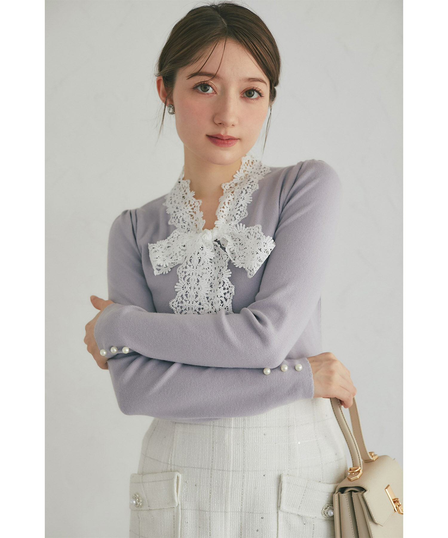 Rakuten - レースボウタイリボン付き配色ニットプルオーバーtocco closet(トッコクローゼット)　 グレー ブラック ネイビー 商品番号：186-201644