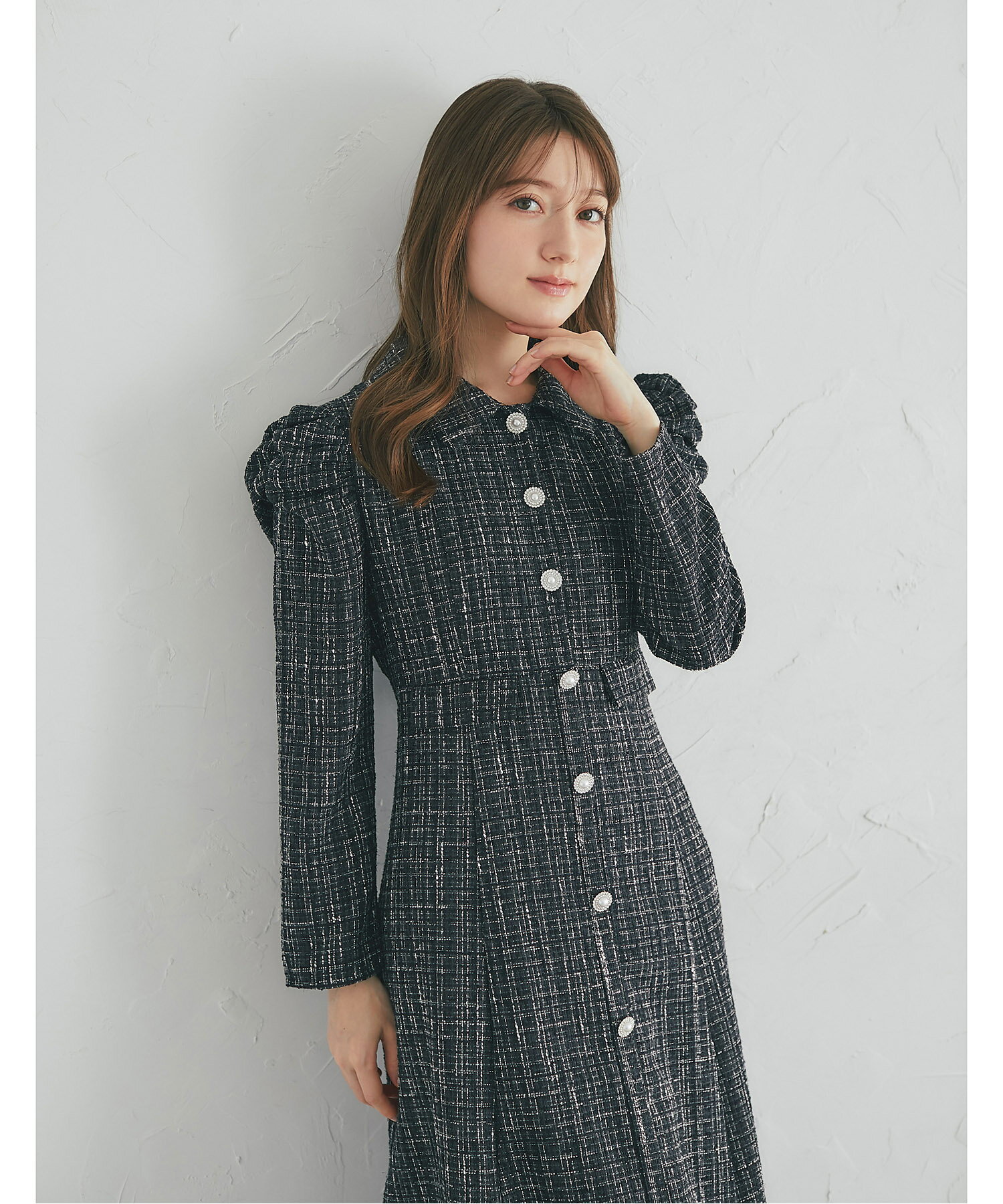 Rakuten - パール釦パワーショルダーツイードシャツワンピースtocco closet(トッコクローゼット)　 ブラック ボルドー ネイビー オフホワイト ブルー 商品番号：186-202118