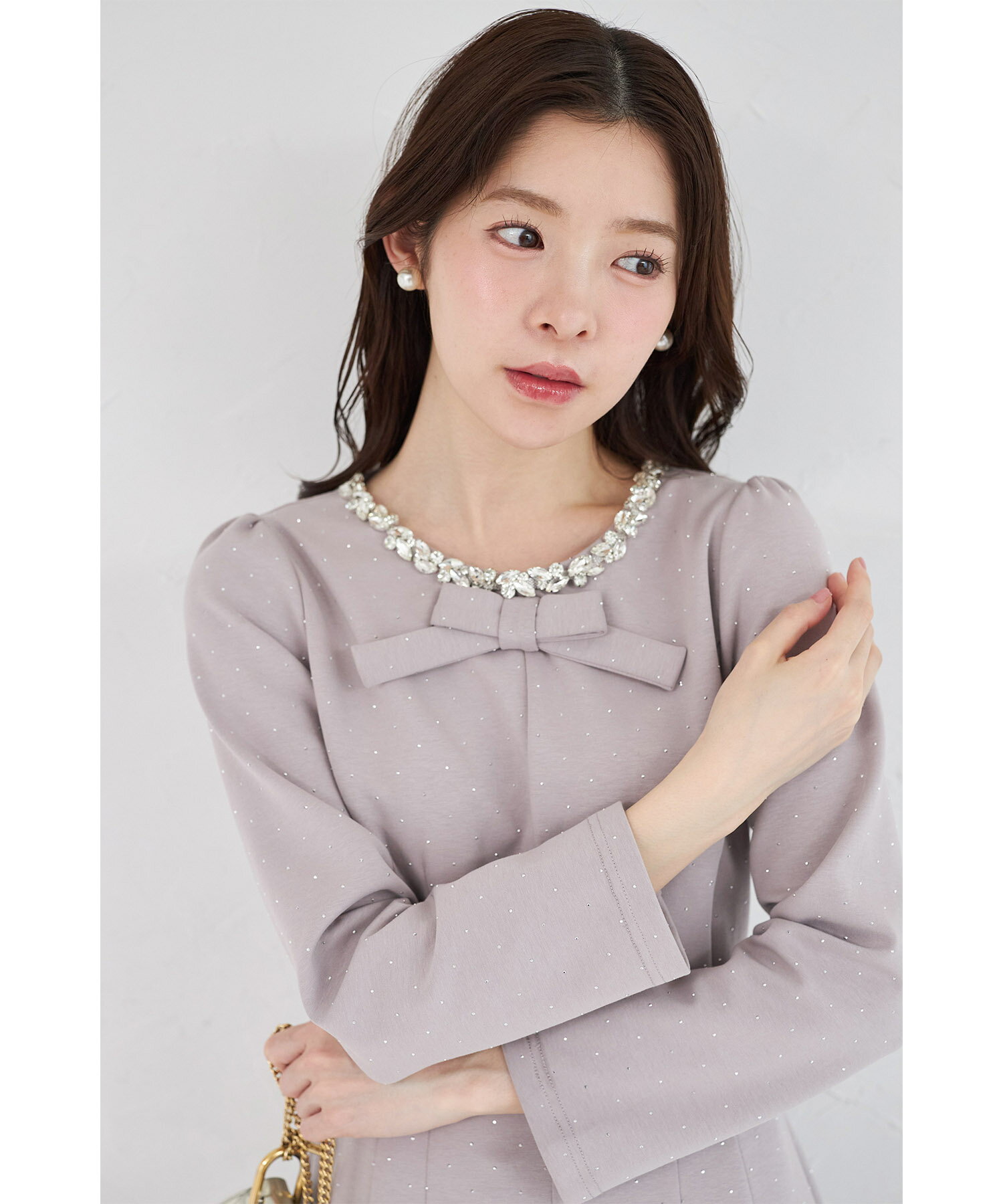 Rakuten - きらきらストーン×ビジュー付きリボンボンディングワンピースtocco closet(トッコクローゼット)　アイスグレー ブラック 商品番号：186-202352
