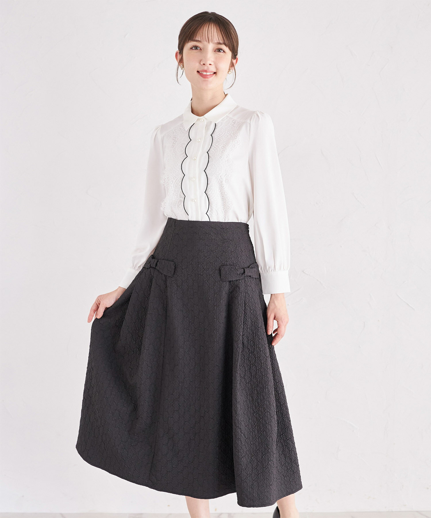 Rakuten - サイドりぼん付きジャガードフレアスカート【lomelina ロメリナ】tocco closet(トッコクローゼット)　ブラック アイボリー 商品番号：186-193922