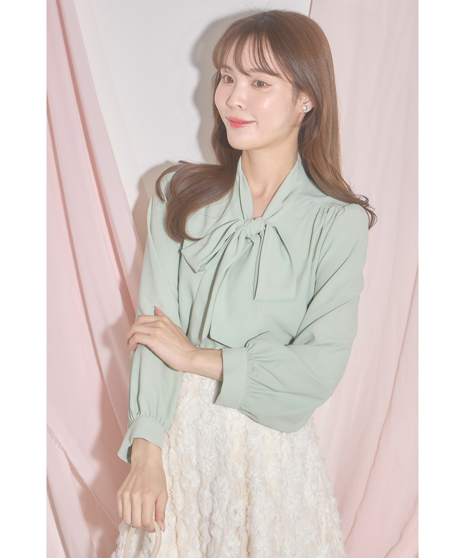 Drawer コットンリボンブラウス 36 ミントグリーン 長袖 Drawer コットンリボンブラウス 36 ミントグリーン 長袖