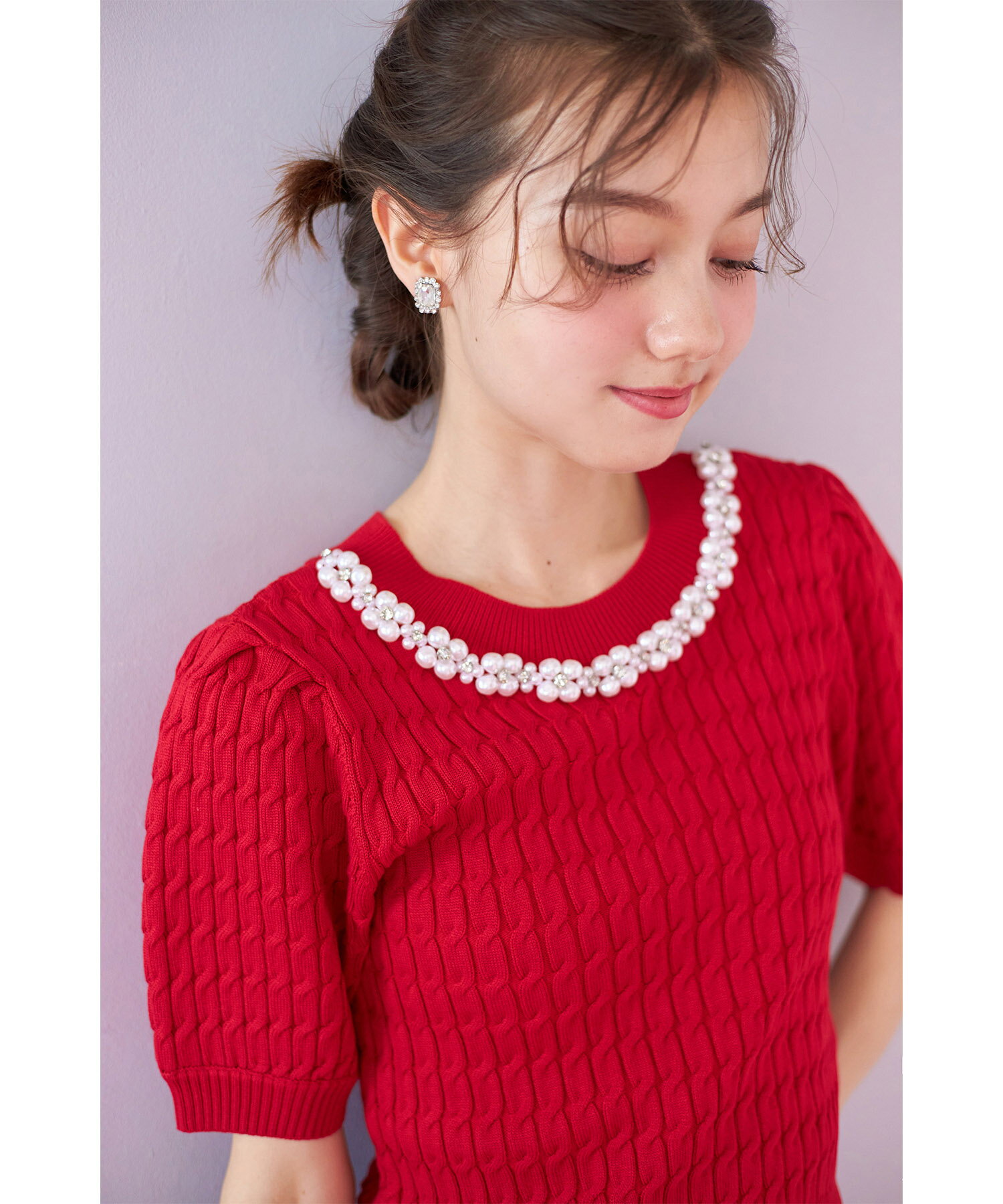 トップス andmary Flower ribbon tops red ANDMARY】Flower ribbon tops