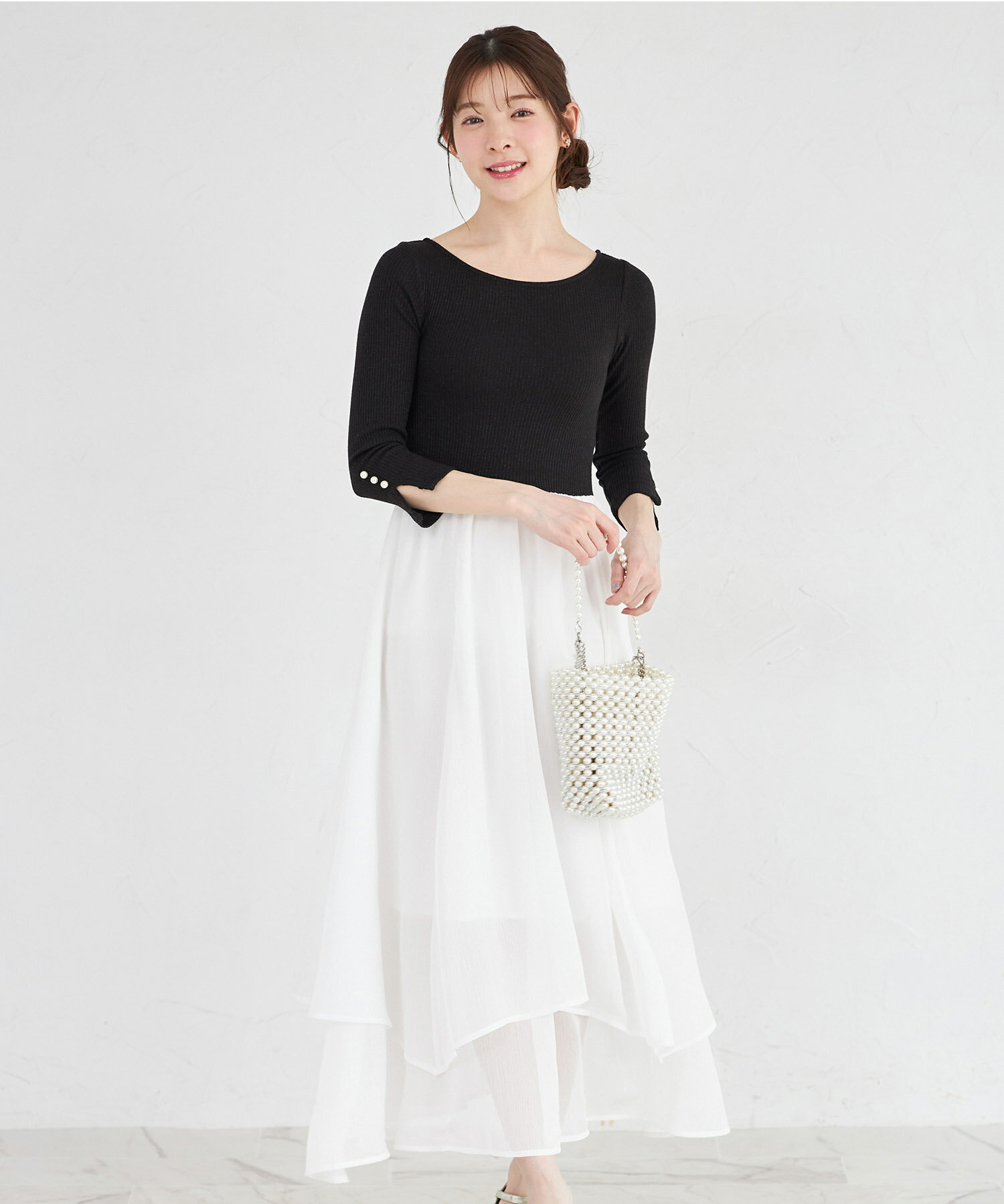 乐天商城 - ラメリブカットソー×イレヘムレイヤードラメシフォンドッキングワンピースtocco closet(トッコクローゼット)　ブラック グレー 商品番号：186-204068