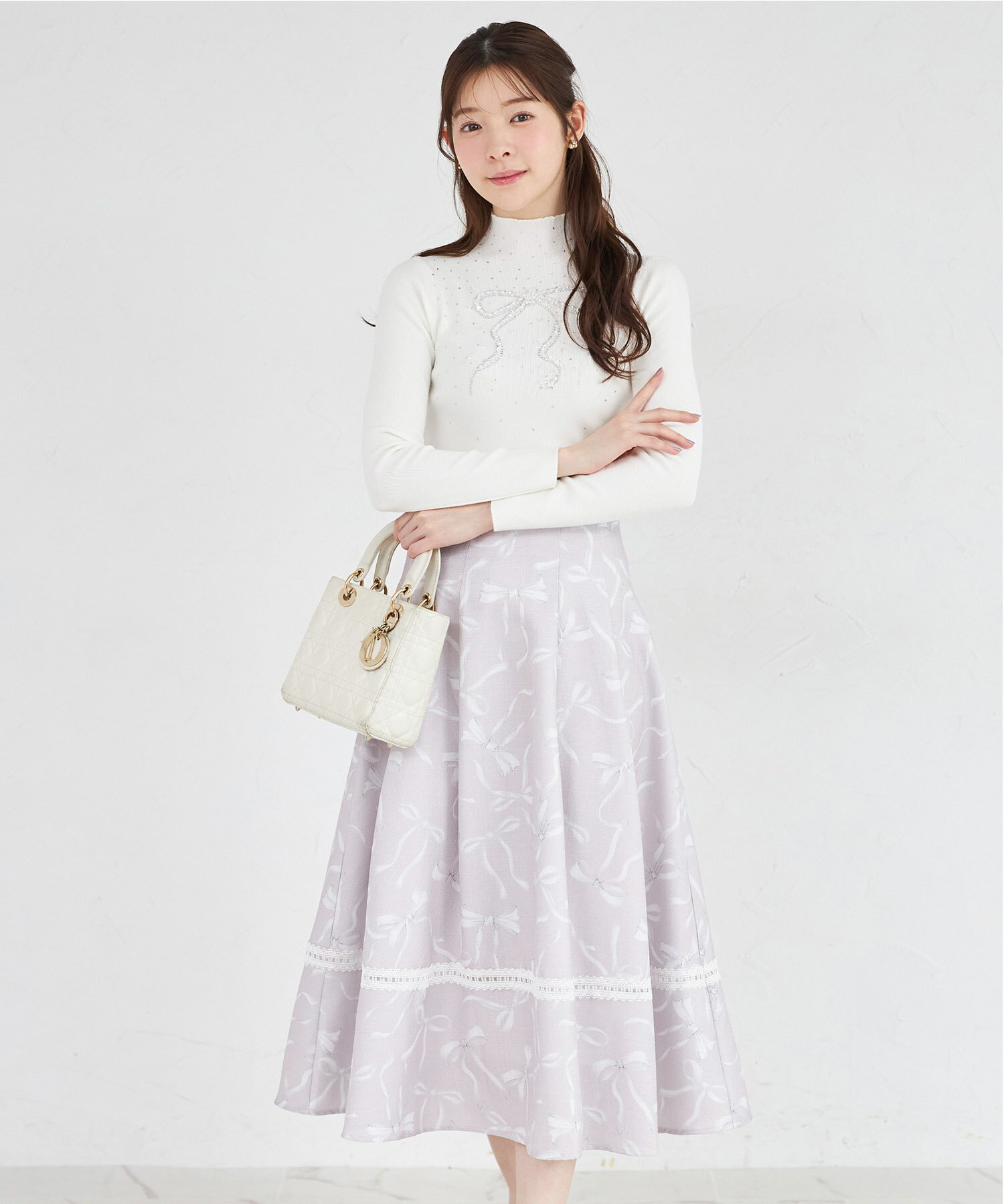 乐天商城 - バックレースアップ裾レース装飾リボンプリントツイードライクフレアスカートtocco closet(トッコクローゼット)　 ピンク アイスブルー 商品番号：186-203985