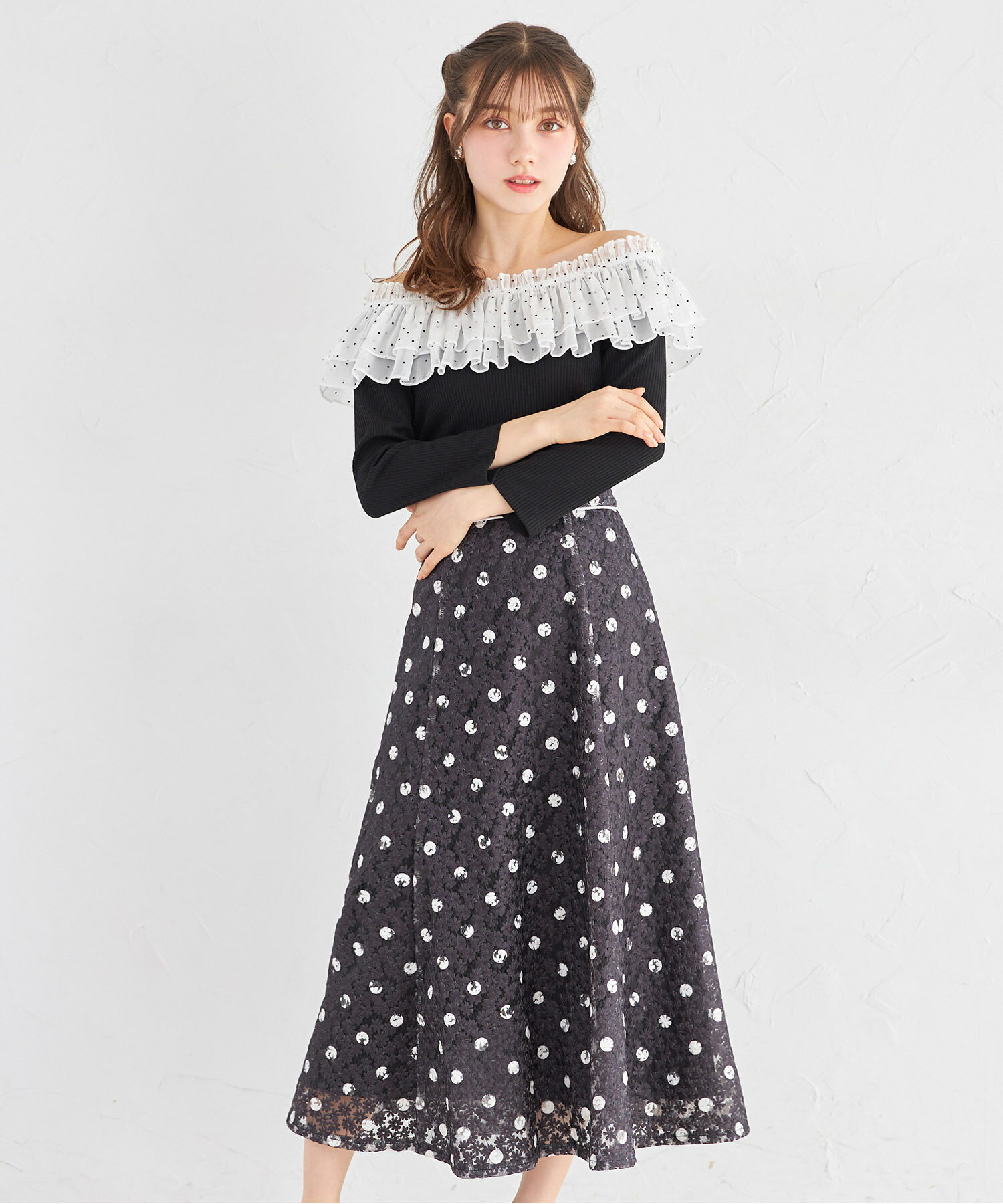 乐天商城 - フラワーレースドットプリントフレアスカートtocco closet(トッコクローゼット)　 ブラック オフホワイト 商品番号：186-204061