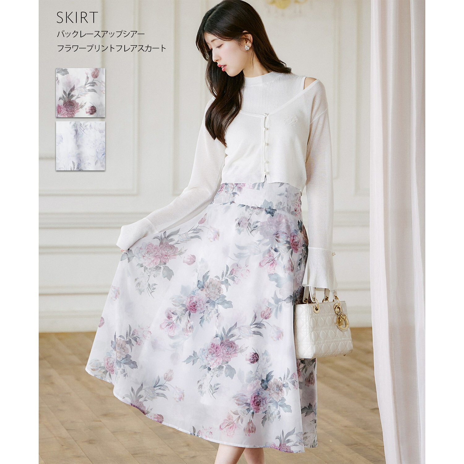 Rakuten - バックレースアップシアーフラワープリントフレアスカートtocco closet(トッコクローゼット)　 ピンク ラベンダー 商品番号：186-203630