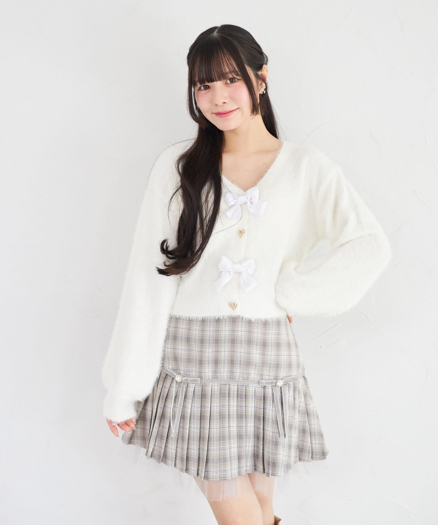 Rakuten - 【Suyunn(スユン)】インナーパンツ付き裾チュール×リボン切り替えチェックプリーツスカート グレー ピンク 商品番号：283-198559