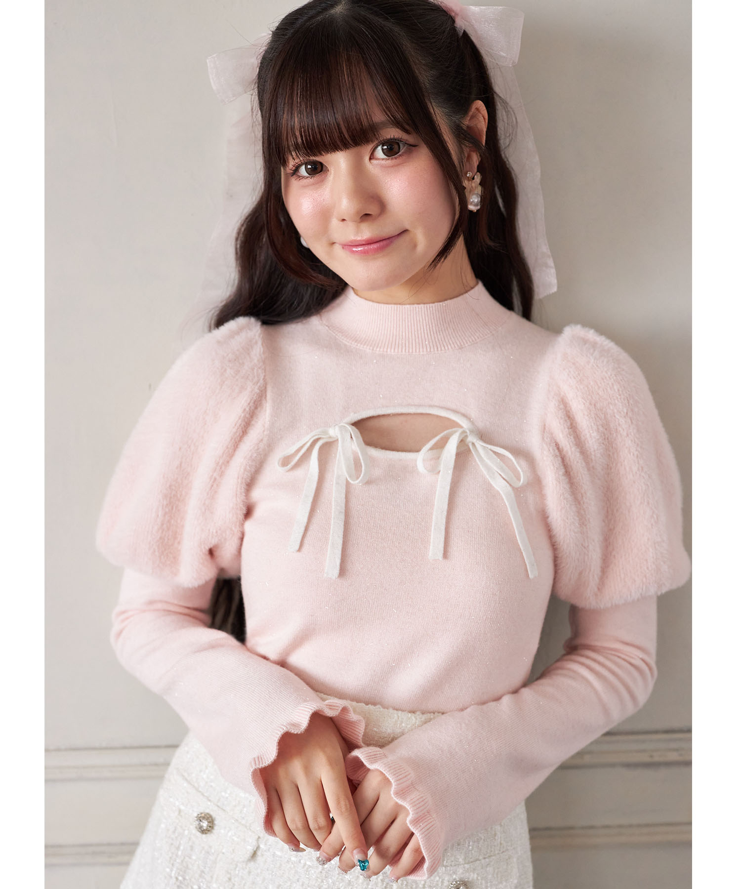 Rakuten - 【Suyunn(スユン)】リボン付きパフスリーブラメシャギーニットプルオーバー　 ピンク ホワイト 商品番号：283-199398