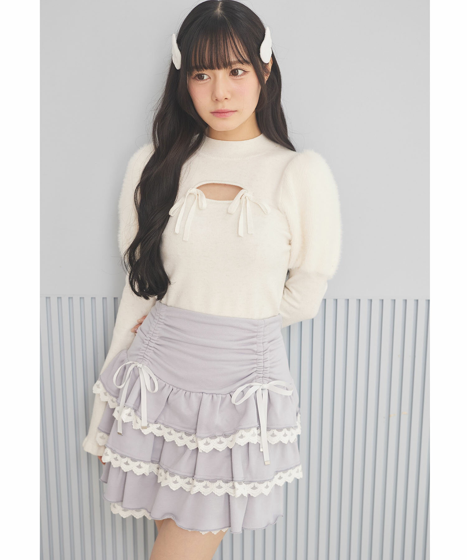 Rakuten - 【Suyunn(スユン)】インナーパンツ付きリボン装飾ドロストレースフリルスカート ブルー グレー 商品番号：283-200837