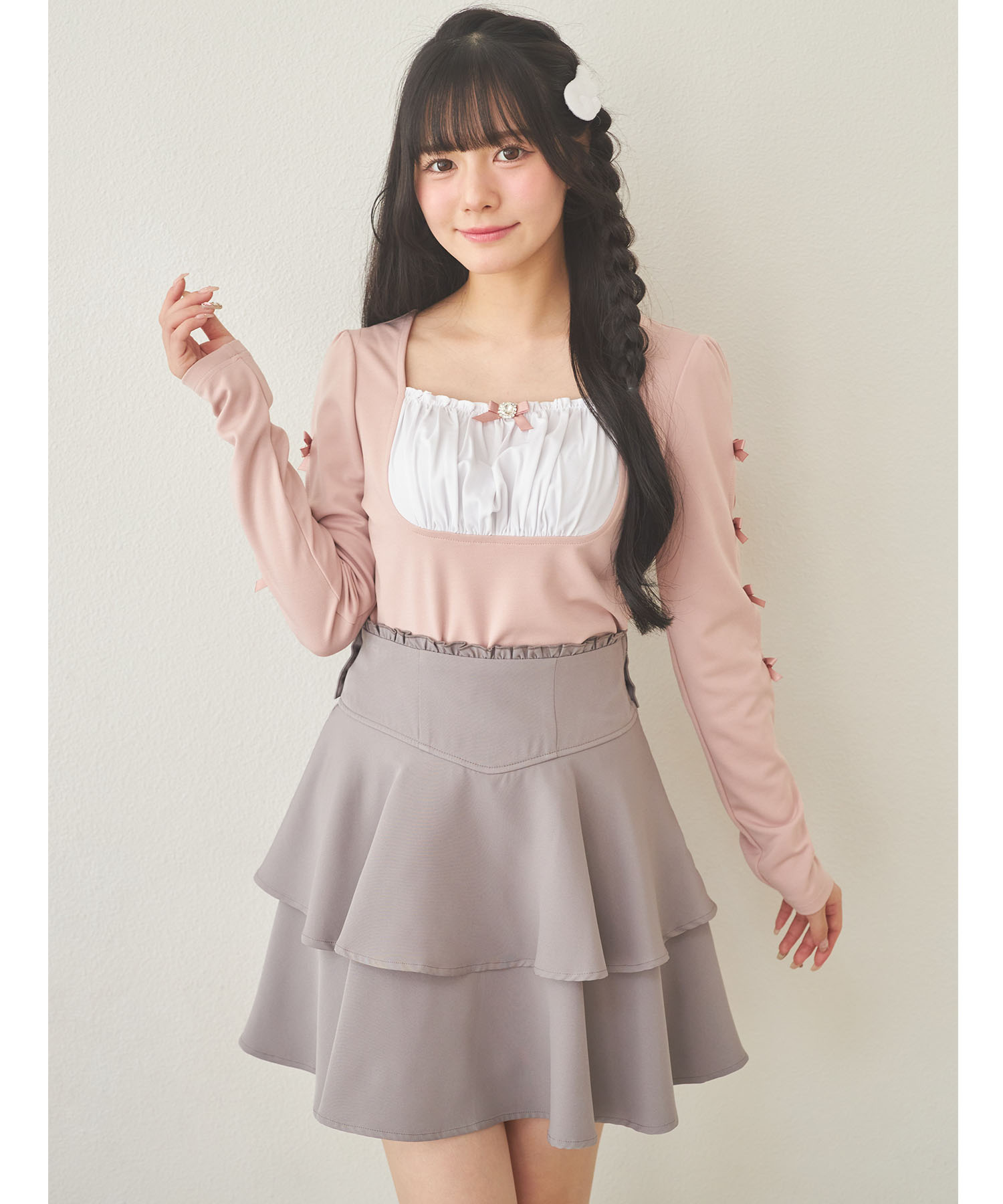 Rakuten - 【Suyunn(スユン)】2WAYリボン＆インナーパンツ付きティアードミニスカート　 グレー ブラック 商品番号：283-200731