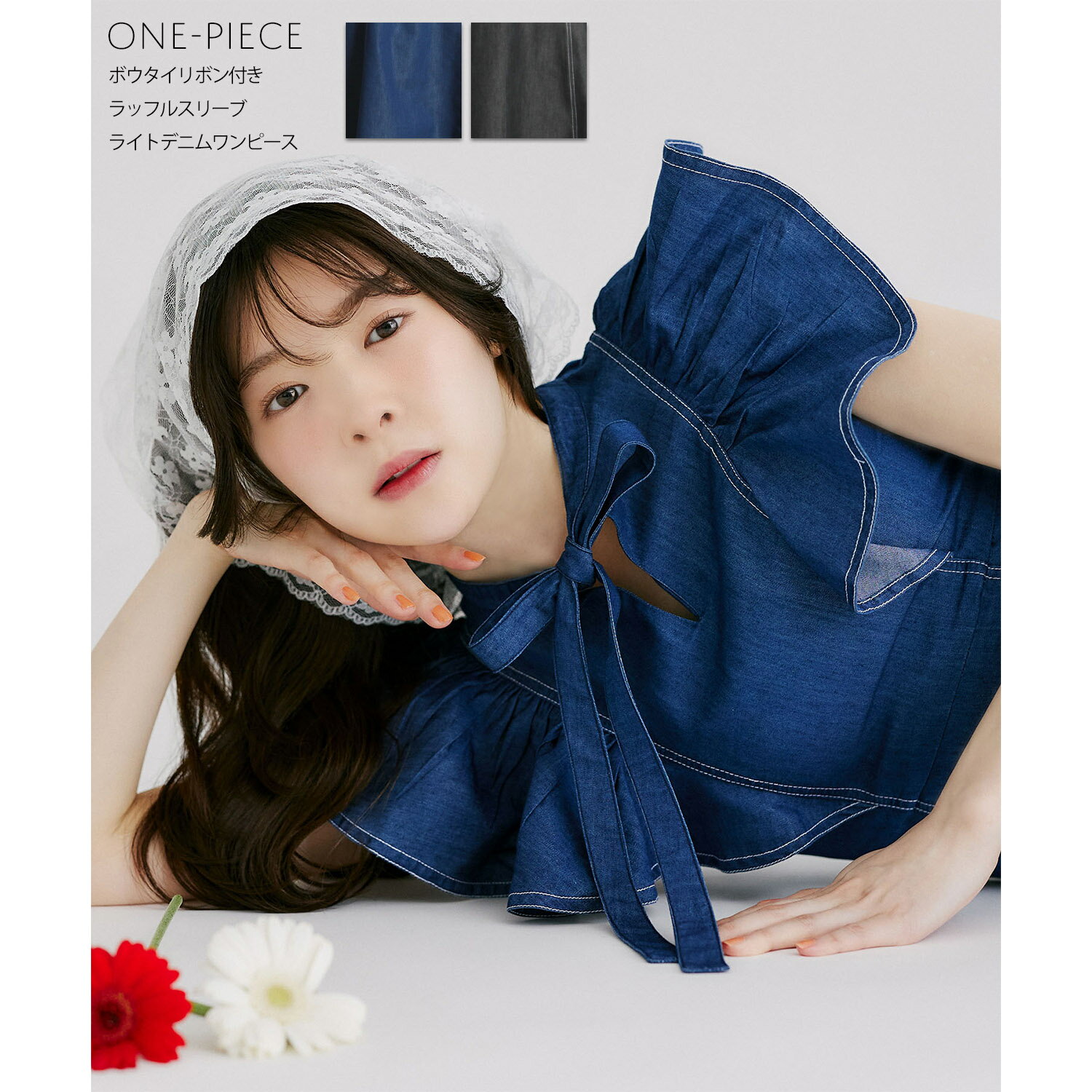 乐天商城 - ボウタイリボン付きラッフルスリーブライトデニムワンピースtocco closet(トッコクローゼット)　 インディゴ ブラック 商品番号：186-202356