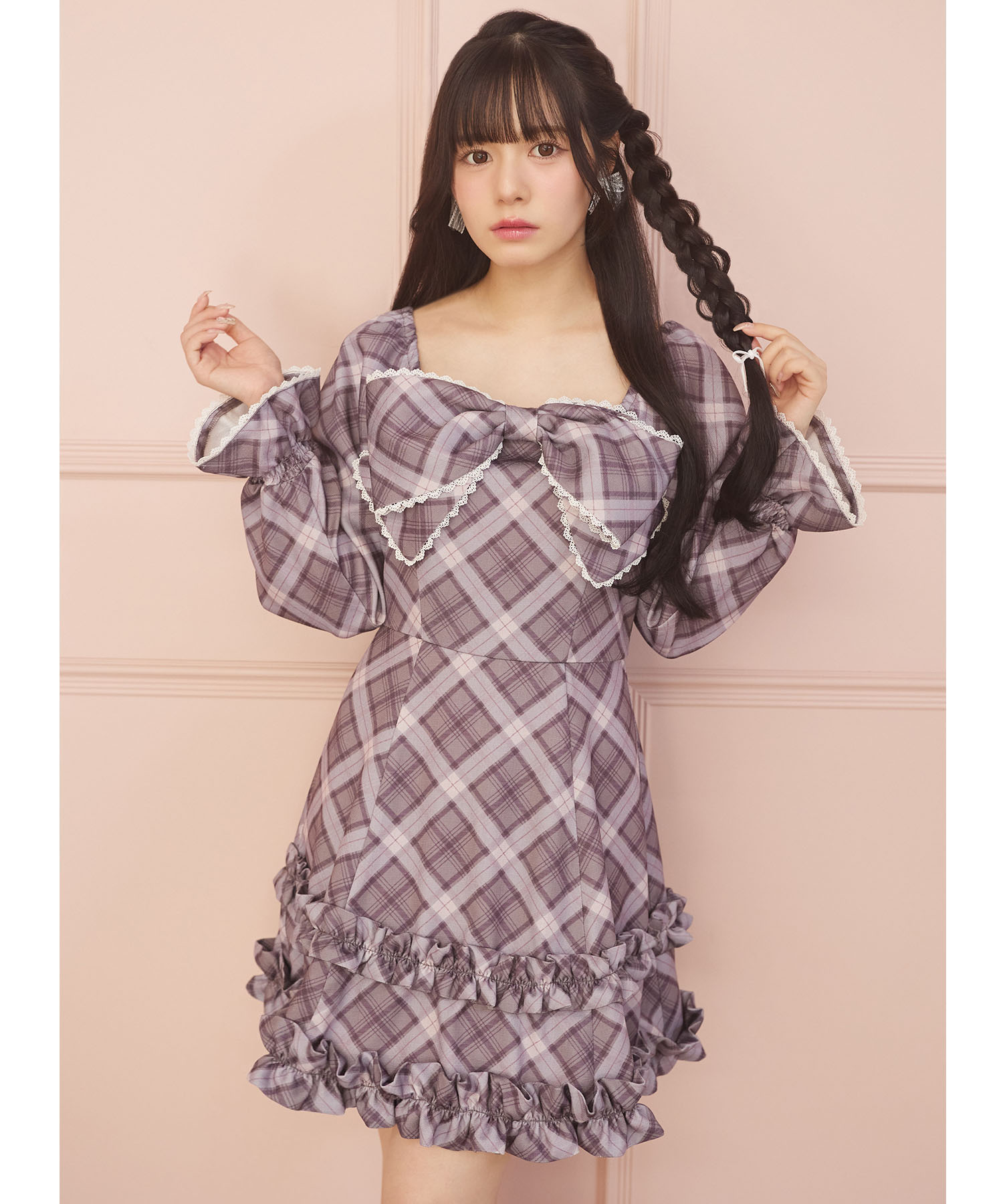 乐天商城 - 【Suyunn(スユン)】リボン＆フリル付きレース装飾チェックプリントワンピース ブラウン ブルー 商品番号：283-200025
