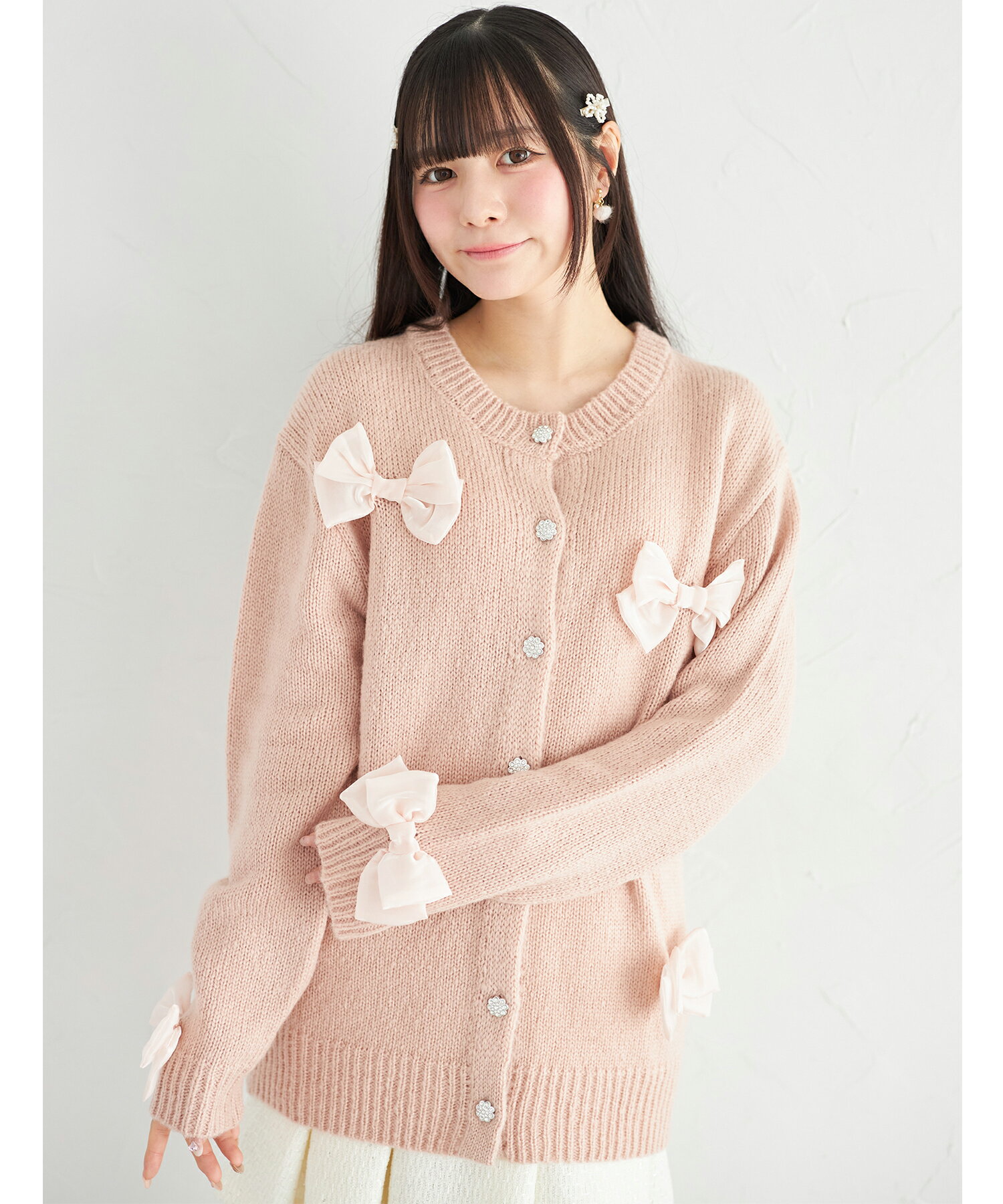 乐天商城 - 【Suyunn(スユン)】　シフォンリボン付きビジュー釦ロングニットカーディガン　 ピンク ブルー 商品番号：283-202769
